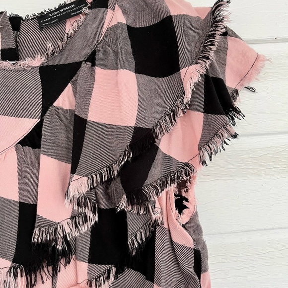 Zara Premium Denim Collection Check Raw Edge Ruffled Top S - Picture 3 of 4